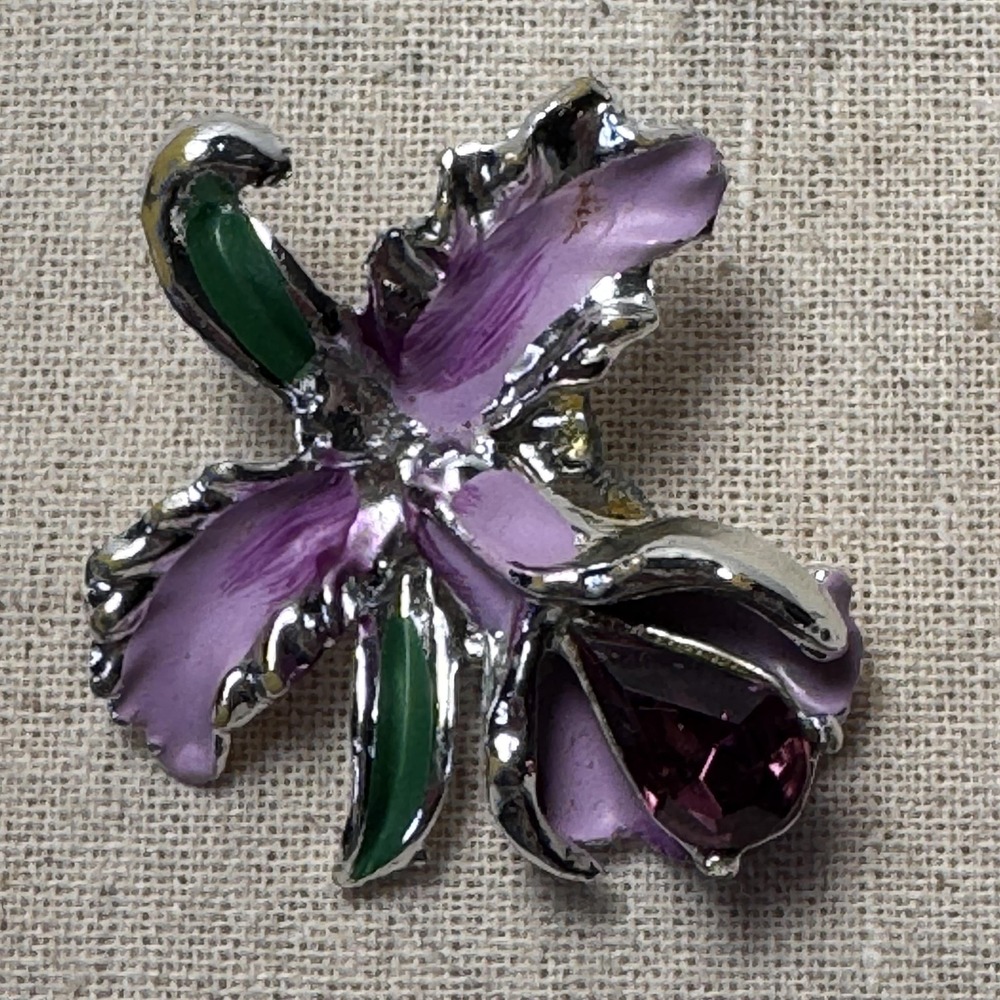 Purple Enamel Rhinestone Flower Brooch Pin Large Faceted Rhinestone Decorative